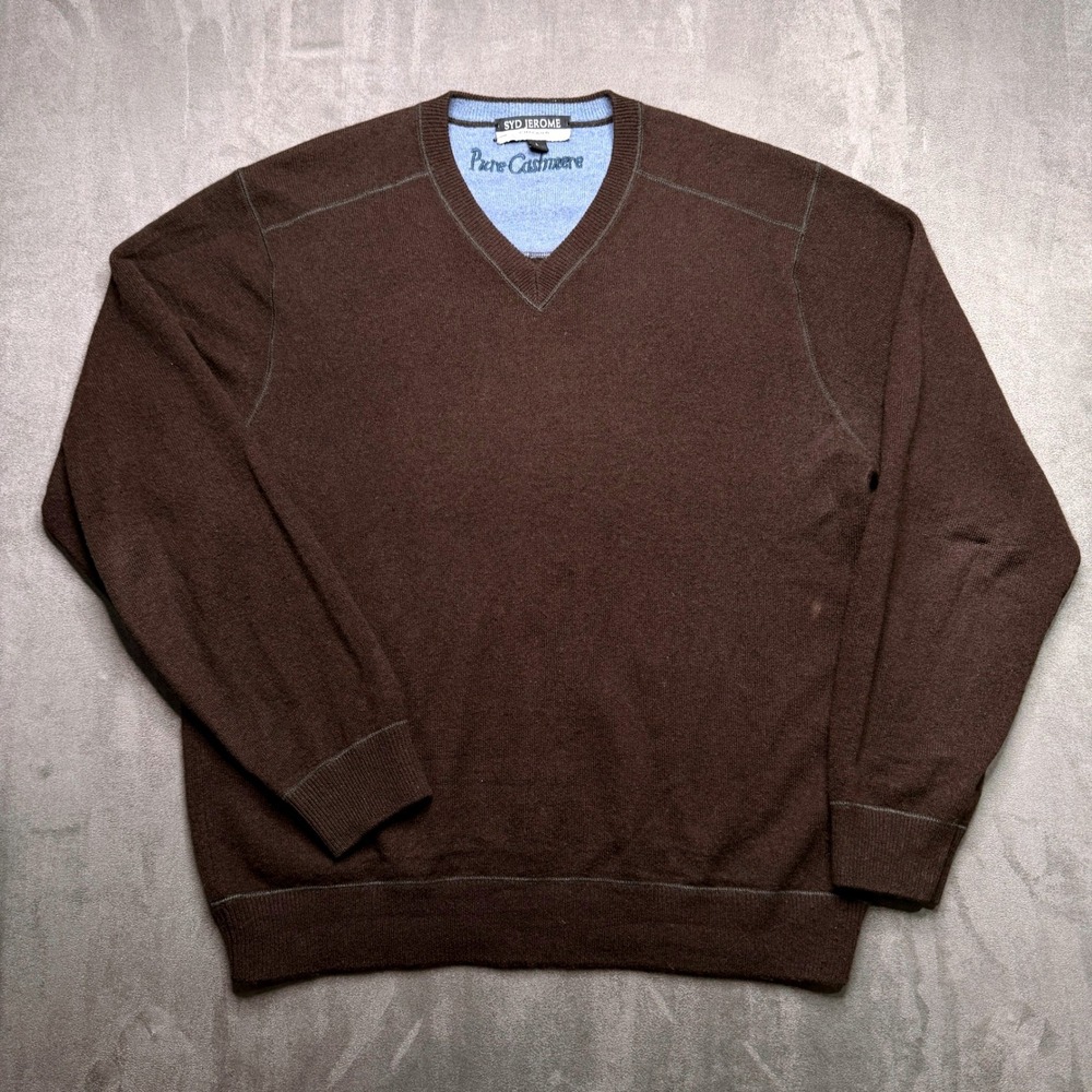 SYD JEROME Chicago Sweater Mens L‎ V Neck Brown Pure 100% Cashmere Minimalist